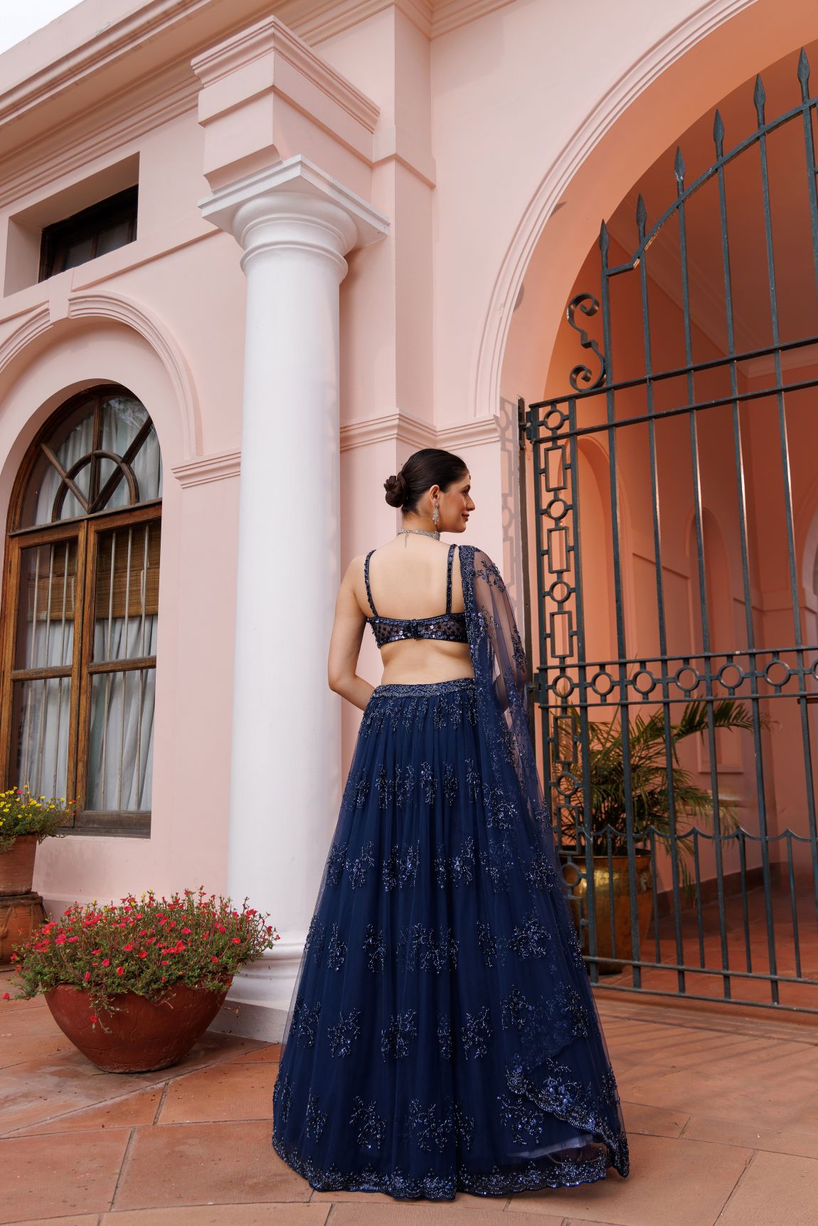 Navy Blue Net Floral Motif Embroidered Lehenga Set