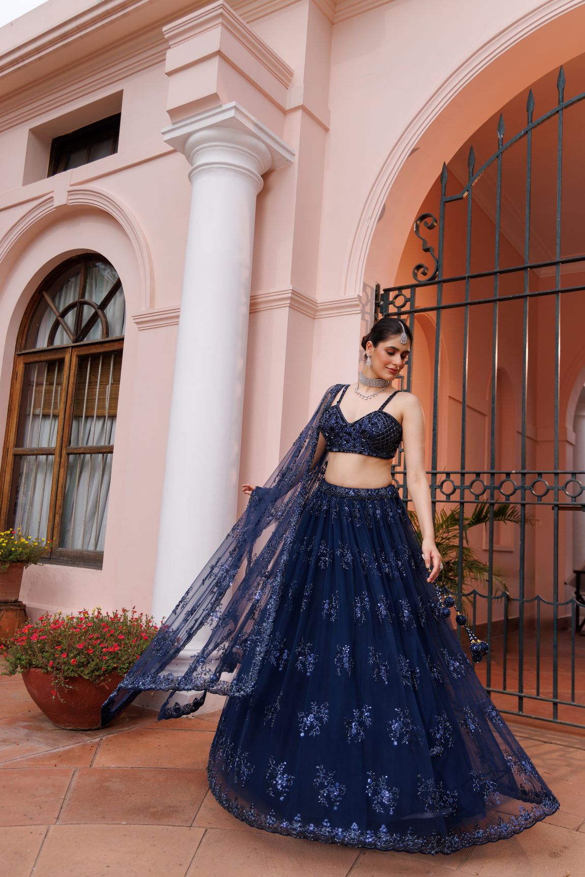 Navy Blue Net Floral Motif Embroidered Lehenga Set