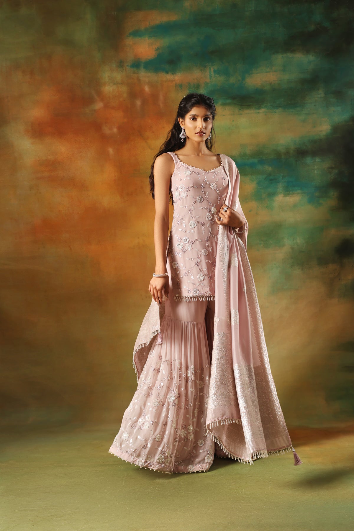 Onion Pink Georgette Shirt Sharara with Embroidered Detailing