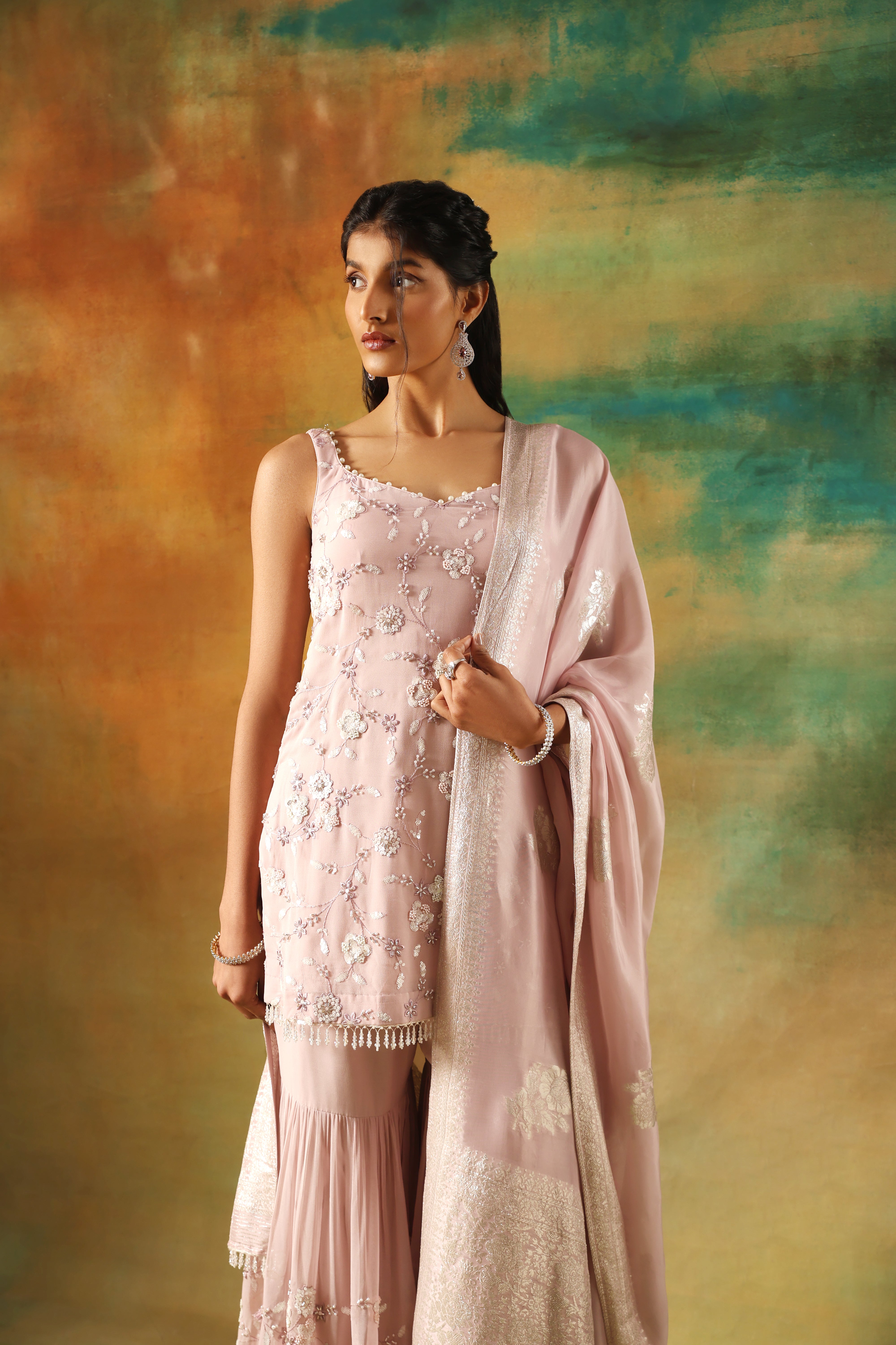 Onion Pink Georgette Shirt Sharara with Embroidered Detailing