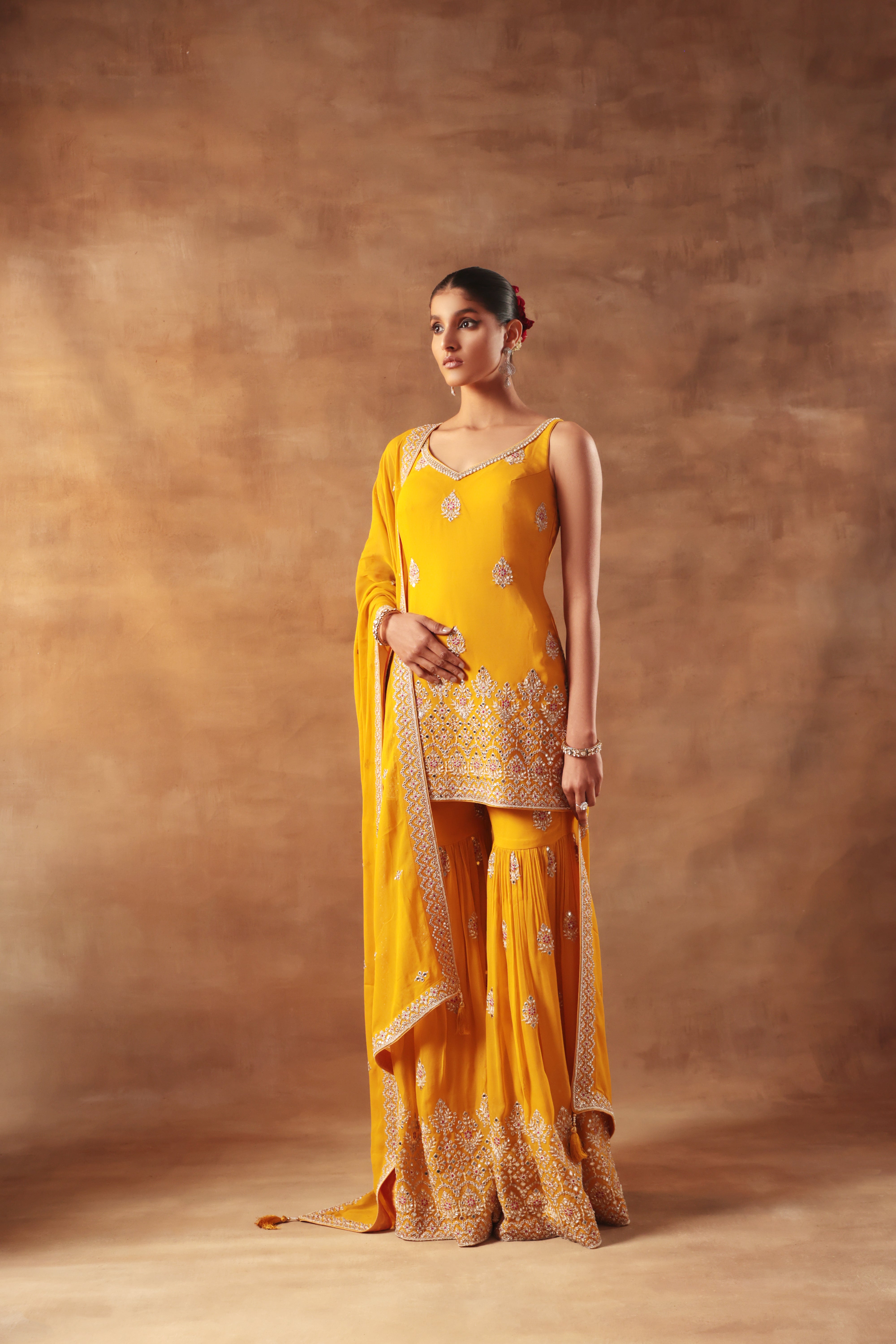 Mustard Embroidered Sharara Set for Festive & Wedding Wear