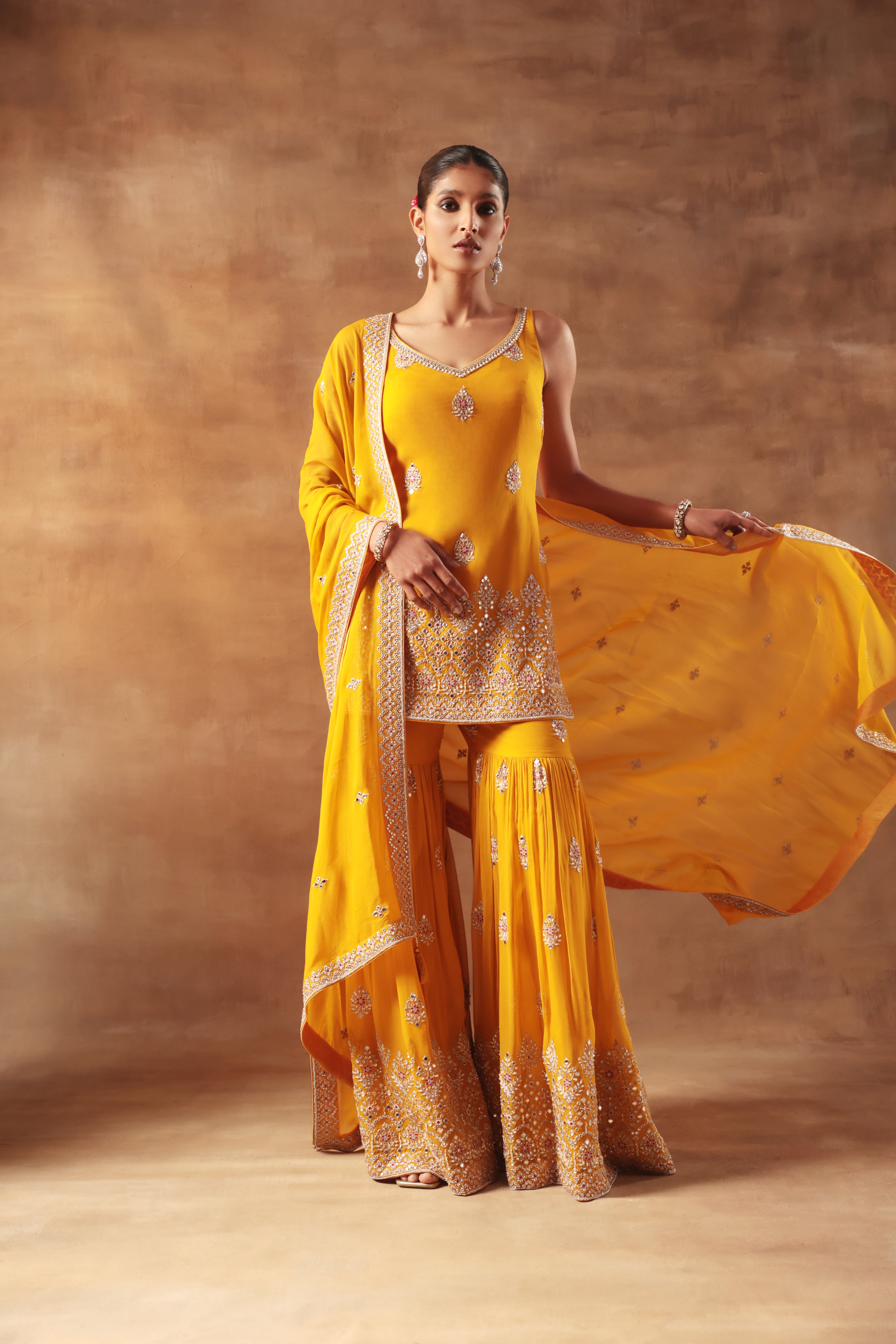 Mustard Embroidered Sharara Set for Festive & Wedding Wear