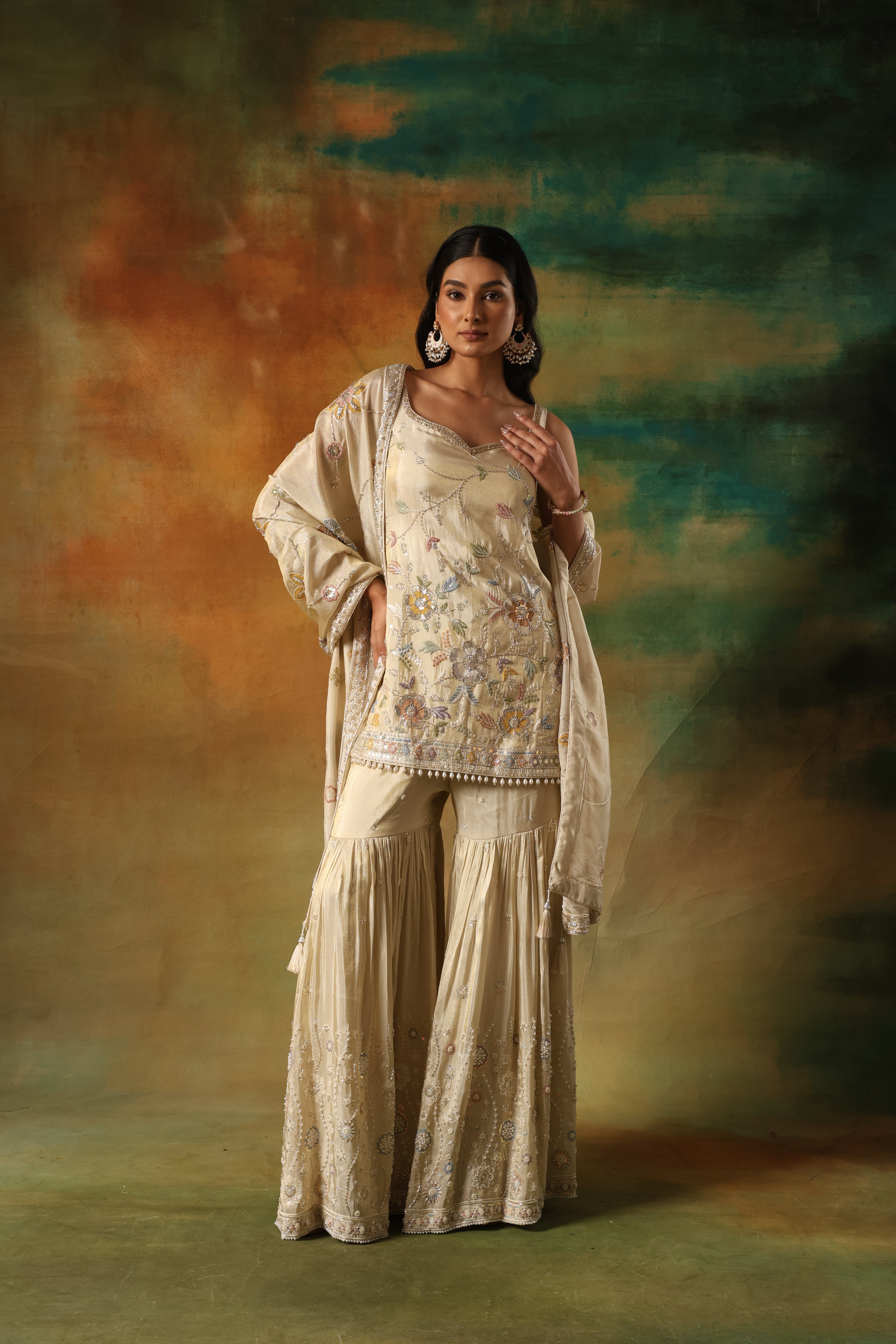 Ivory Georgette Shirt Sharara with Multicolor Embroidery Work