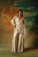 Ivory Georgette Shirt Sharara with Multicolor Embroidery Work