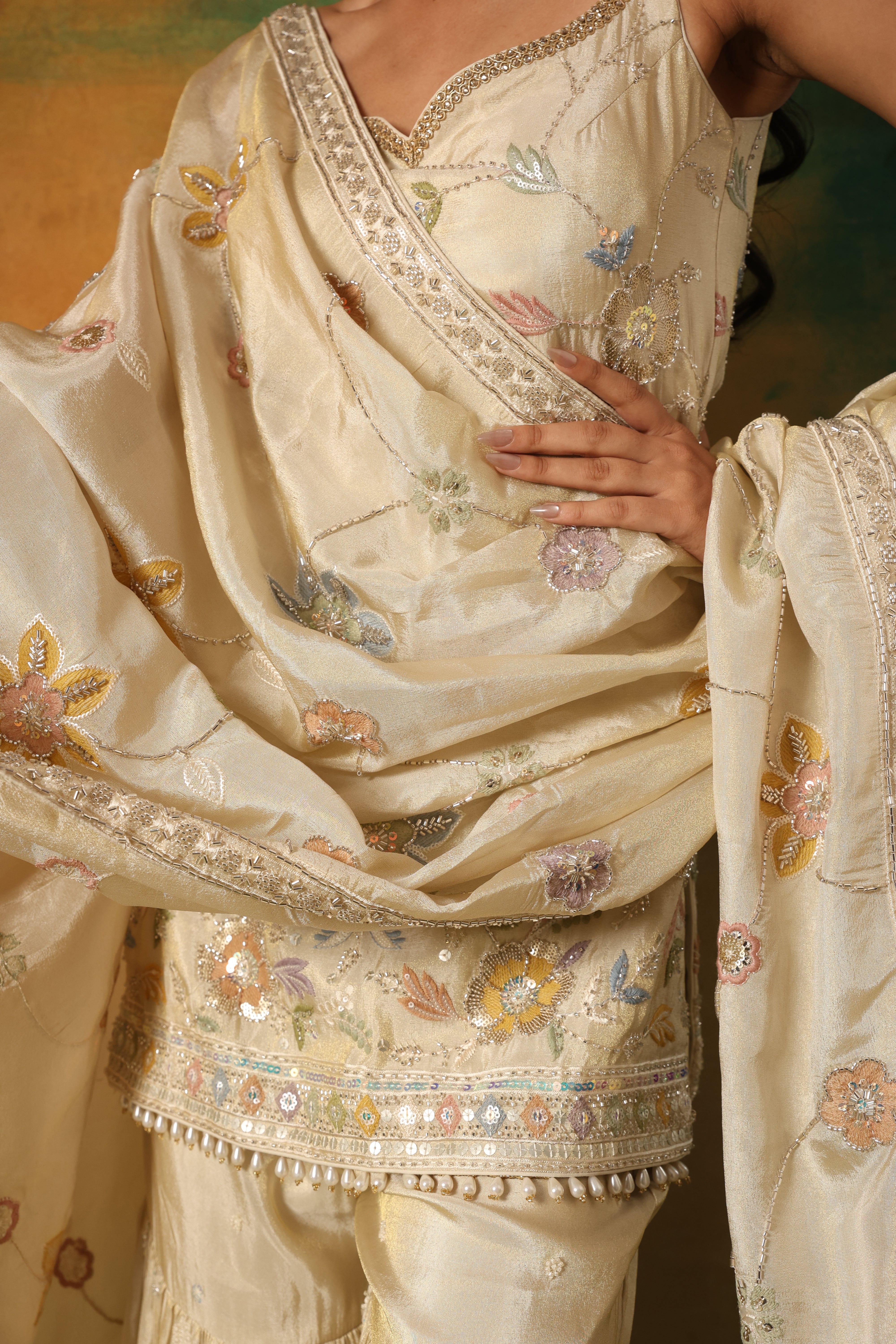 Ivory Georgette Shirt Sharara with Multicolor Embroidery Work