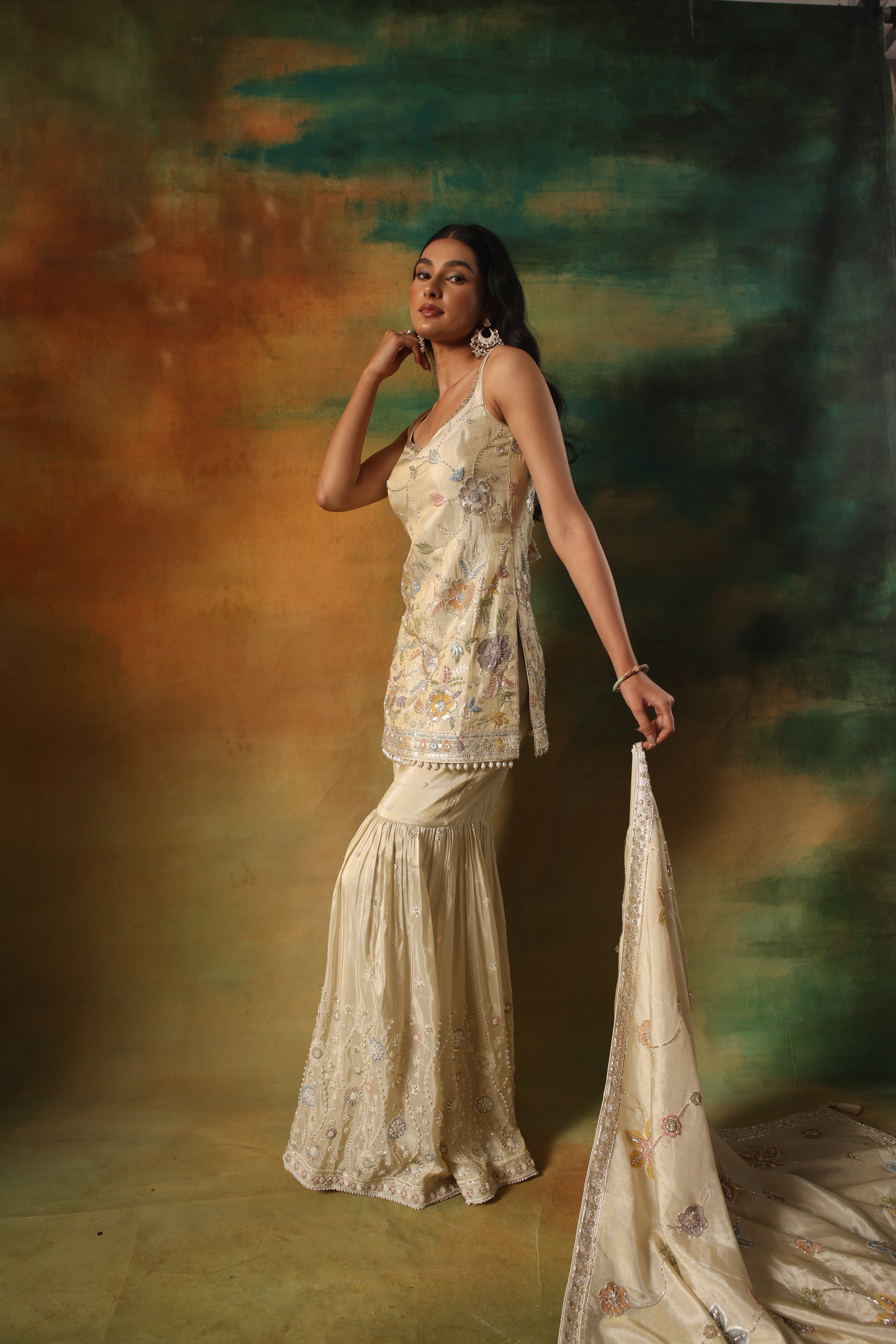 Ivory Georgette Shirt Sharara with Multicolor Embroidery Work