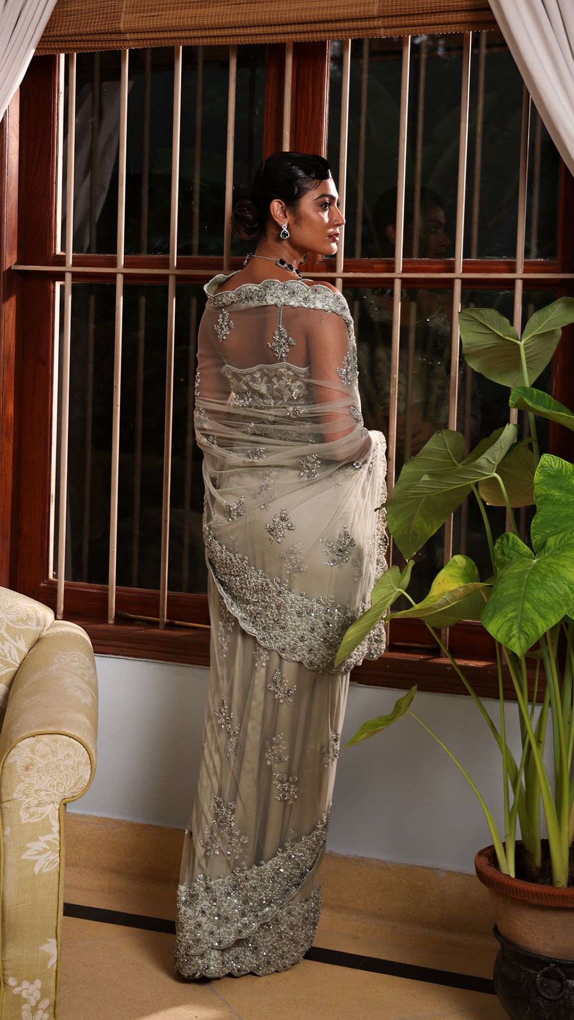 Pista Green Net Floral Embroidered Saree Set