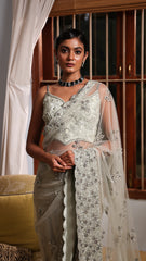 Pista Green Net Floral Embroidered Saree Set