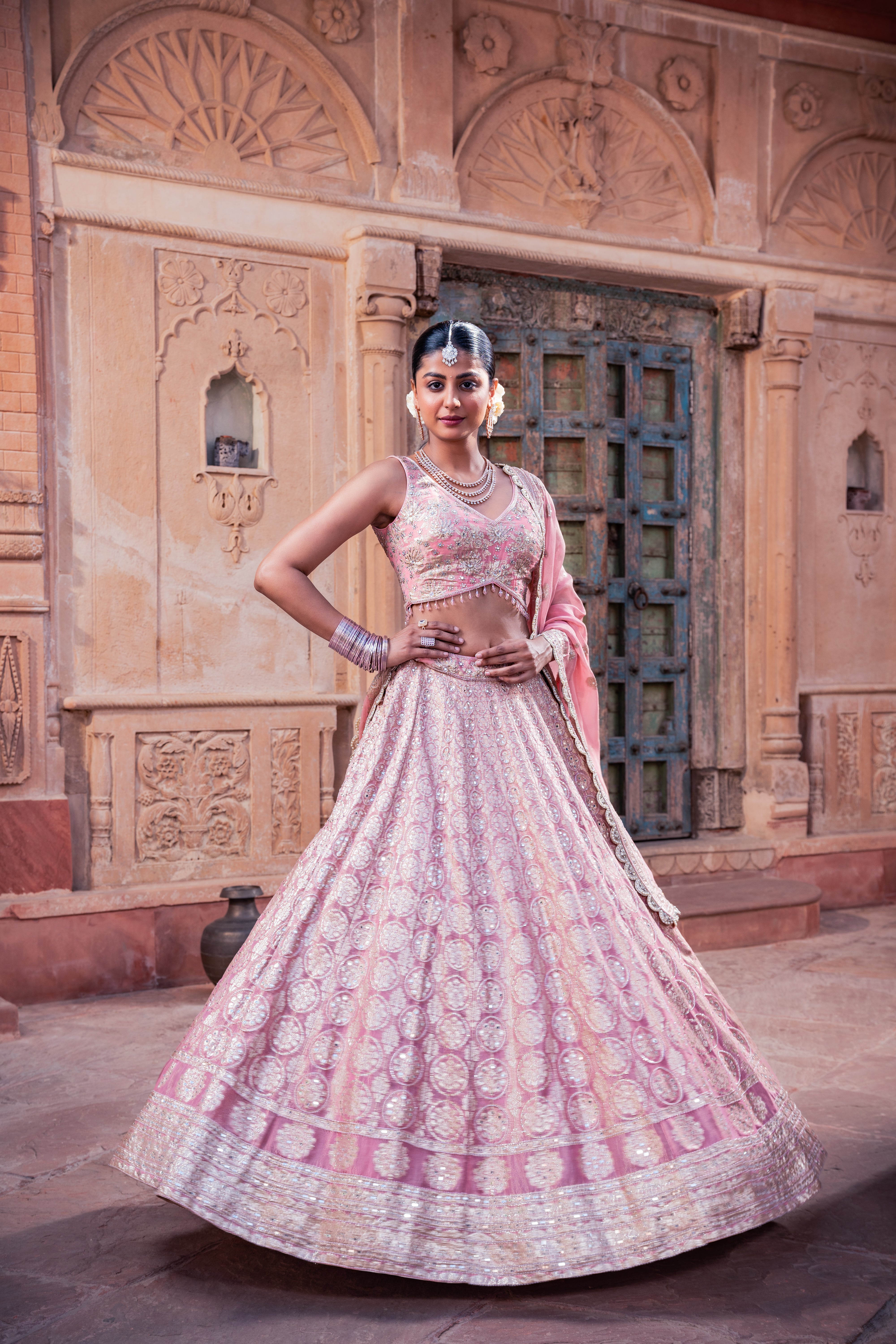 Pink Jacquard Tissue Hand Embellished Lehenga Set