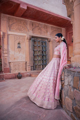 Pink Jacquard Tissue Hand Embellished Lehenga Set
