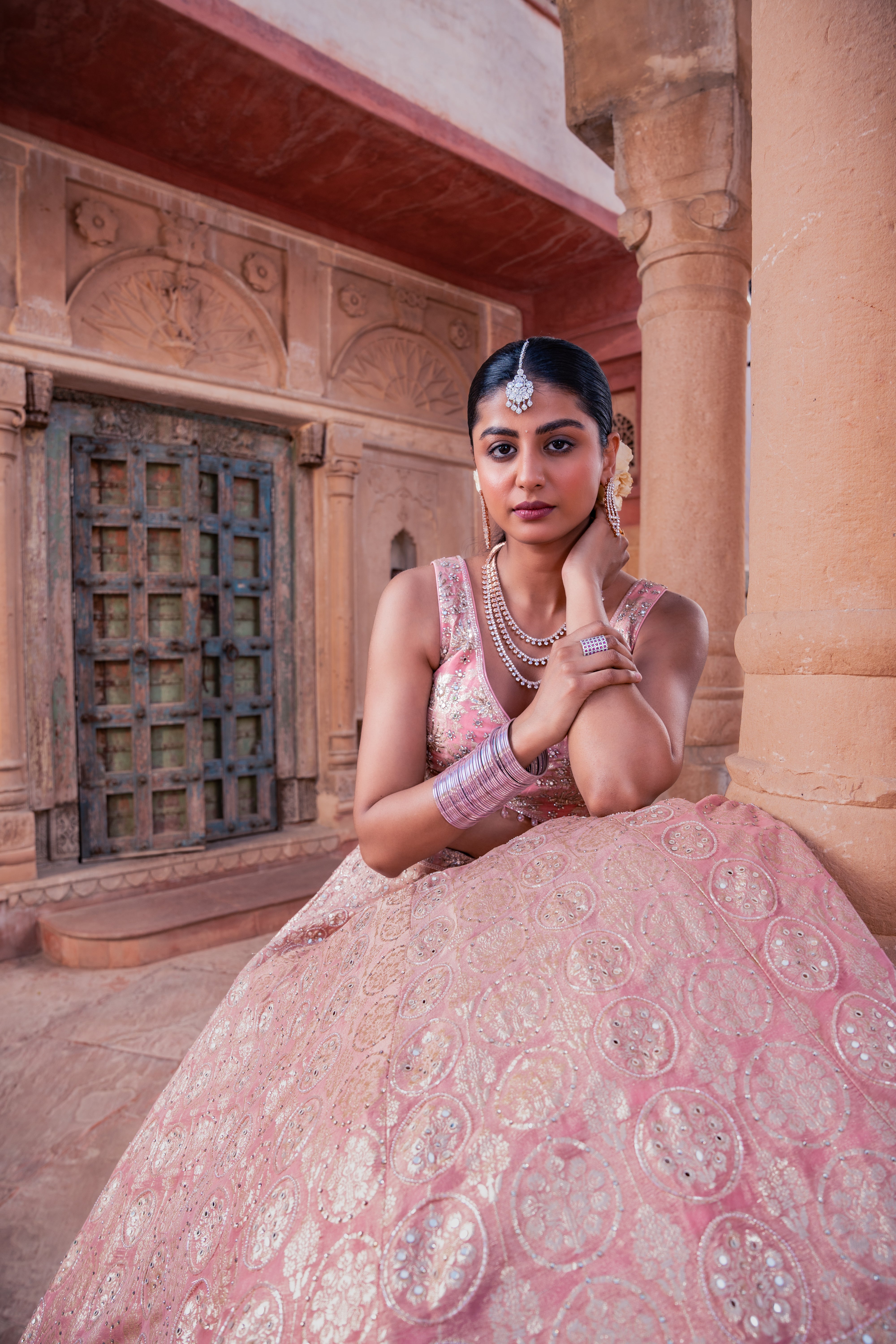 Pink Jacquard Tissue Hand Embellished Lehenga Set