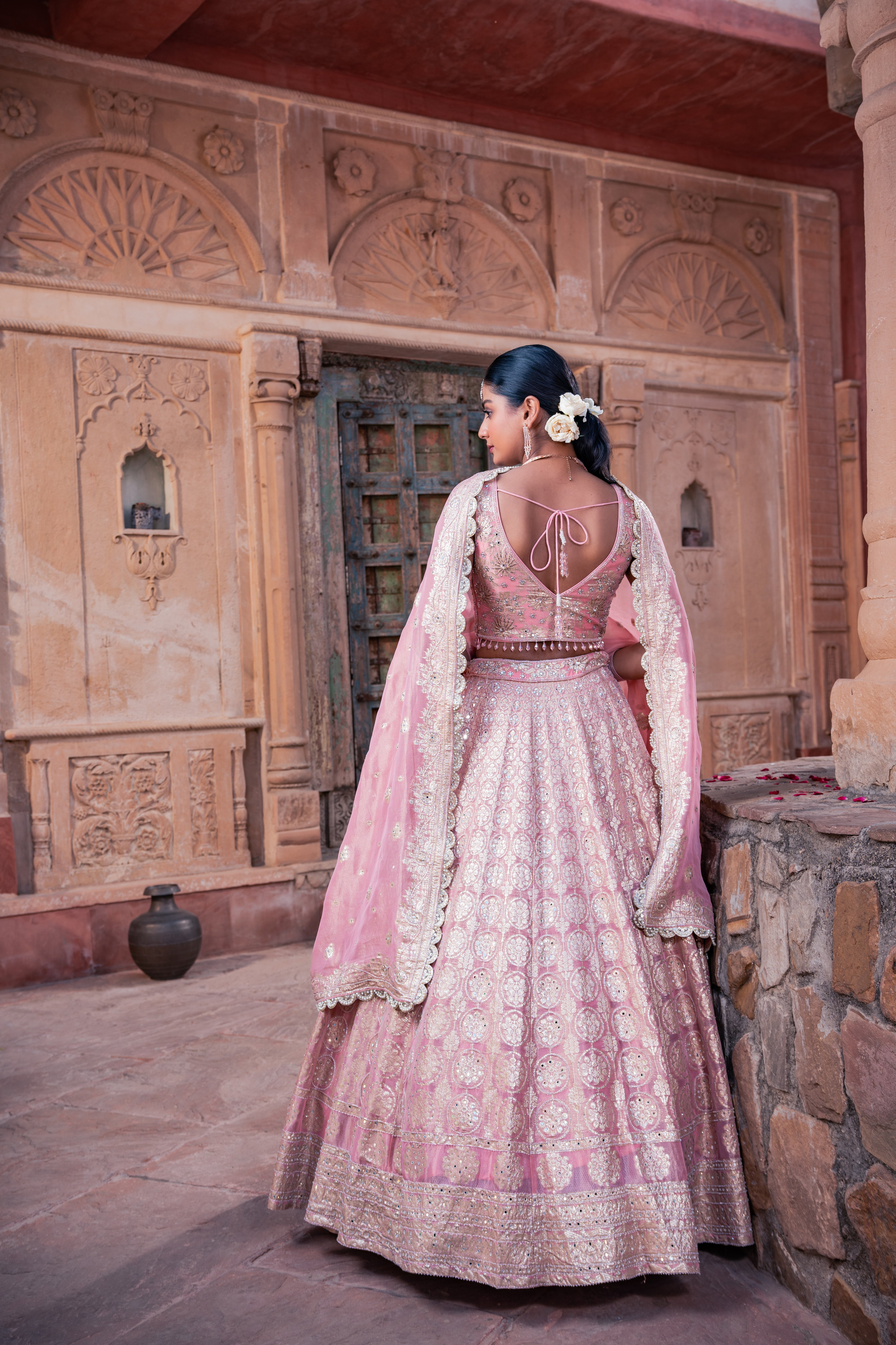 Pink Jacquard Tissue Hand Embellished Lehenga Set