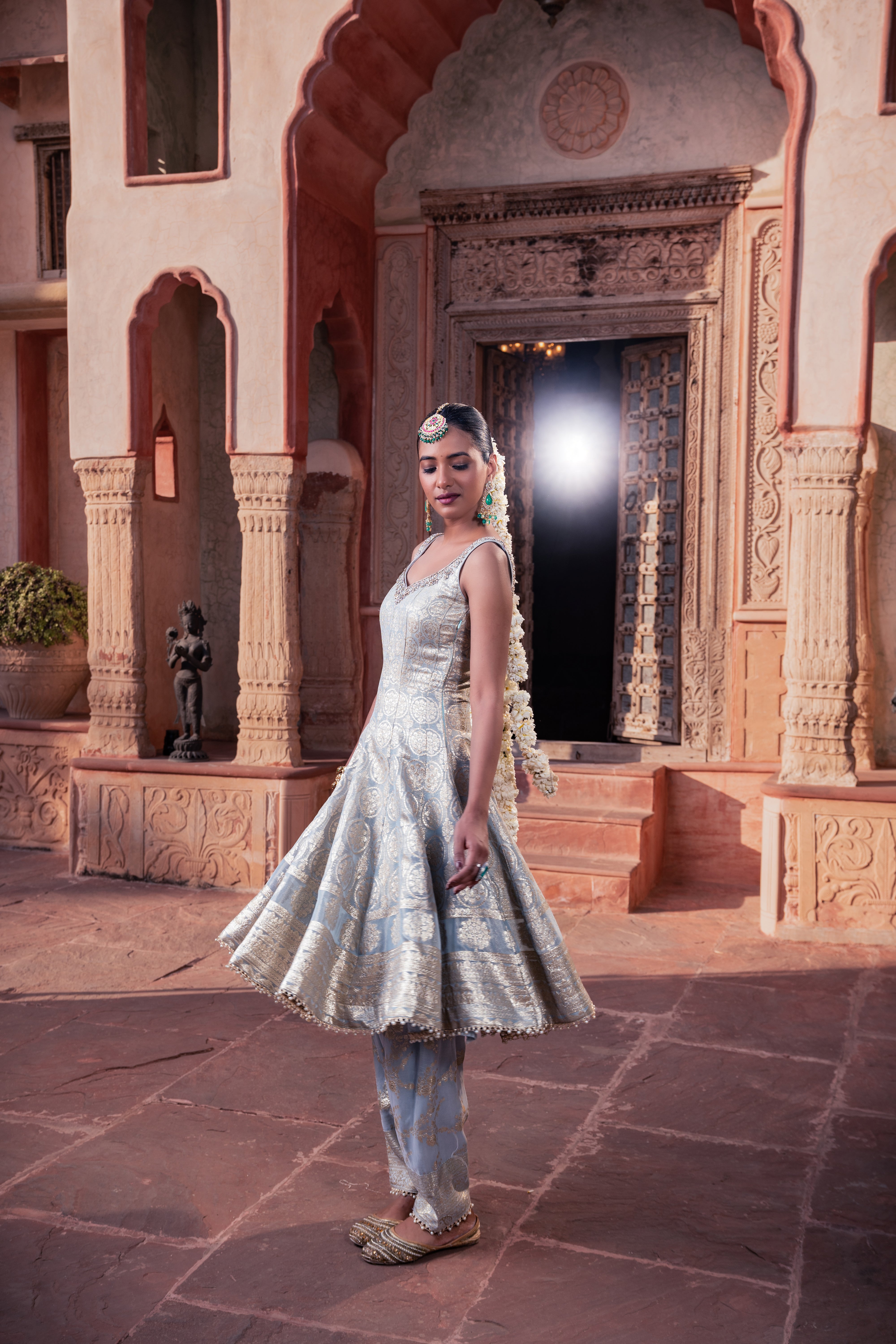 Ice Blue Tissue Hand Embellished Kalidar Anarkali Set