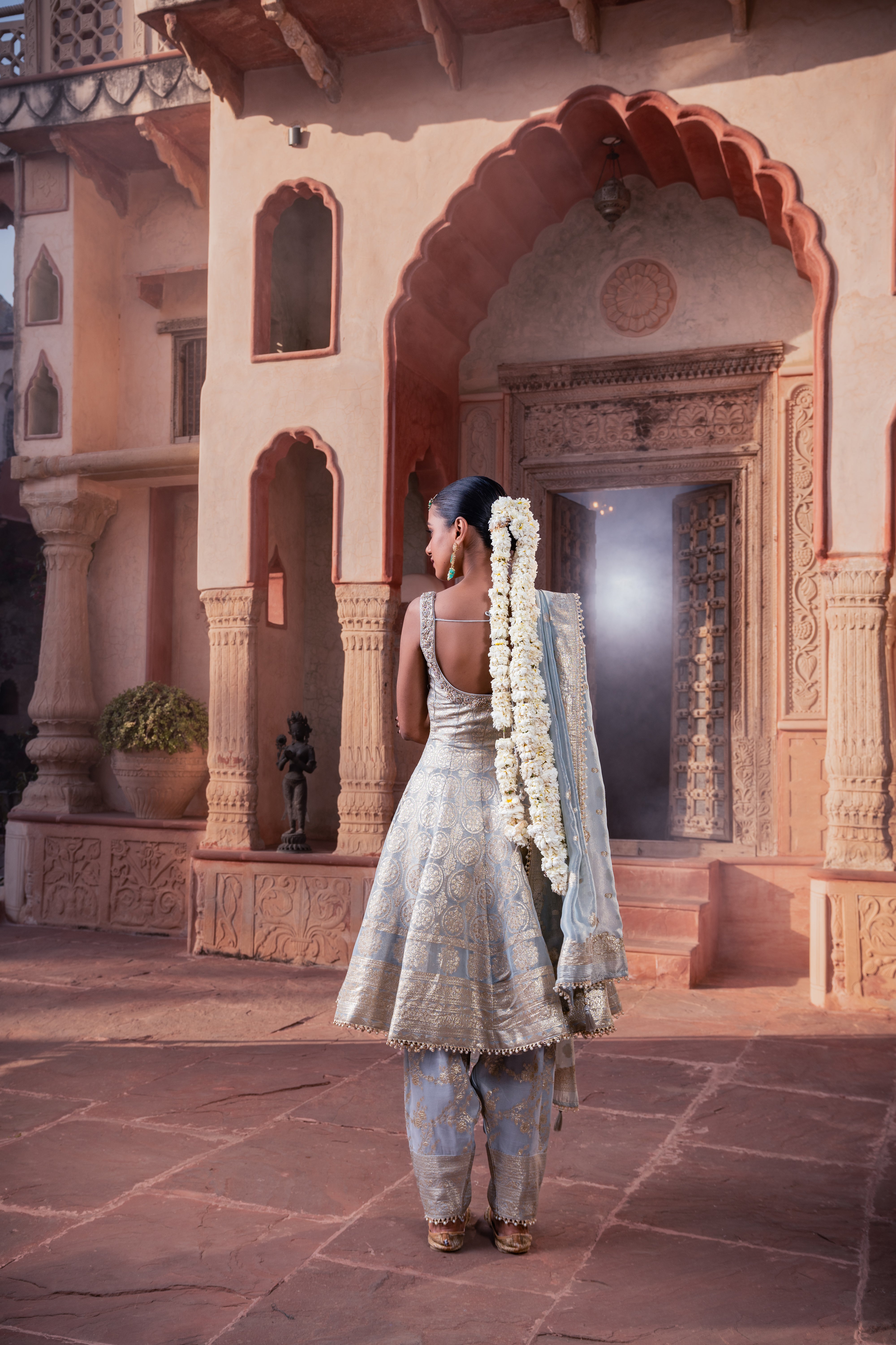 Ice Blue Tissue Hand Embellished Kalidar Anarkali Set
