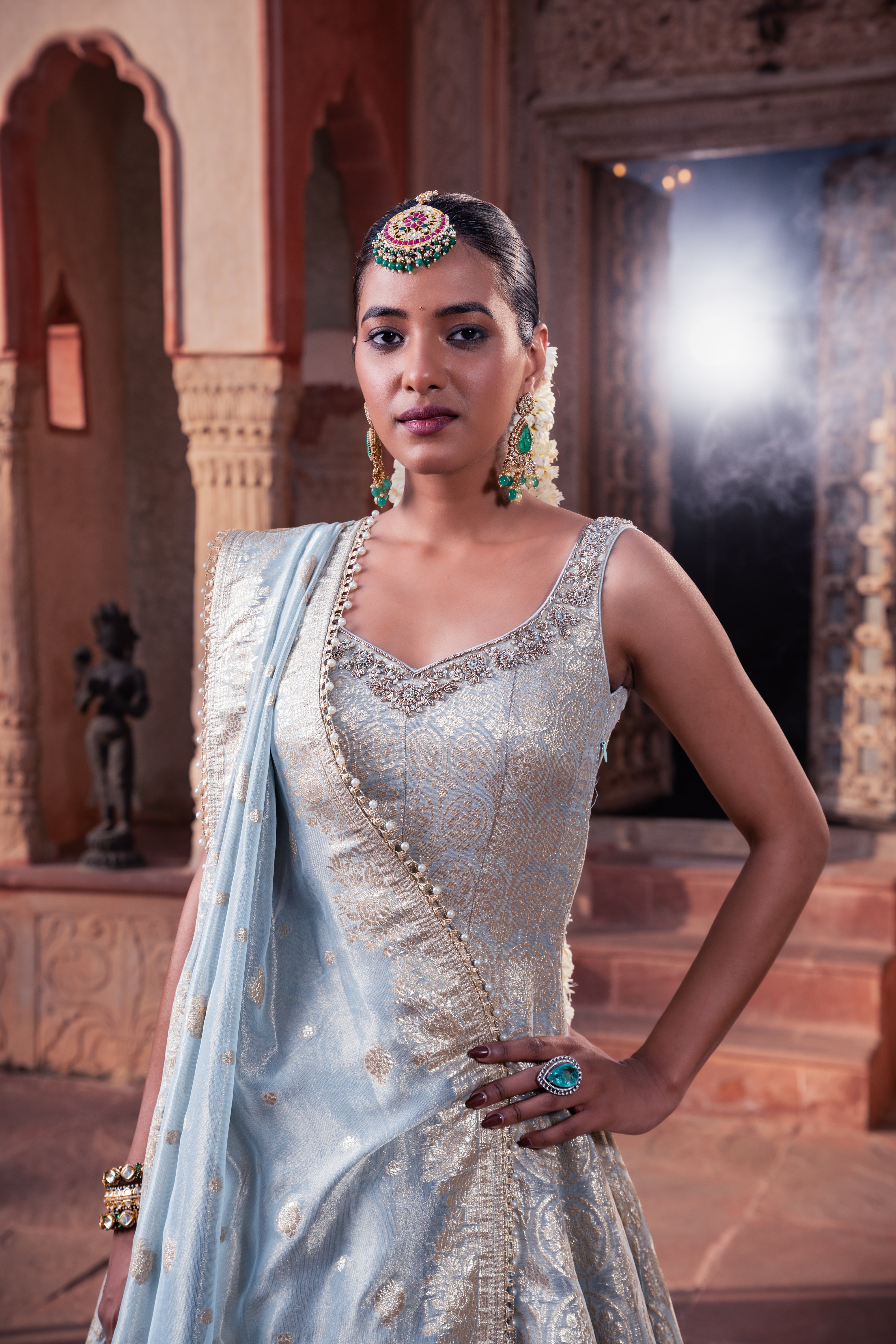 Ice Blue Tissue Hand Embellished Kalidar Anarkali Set