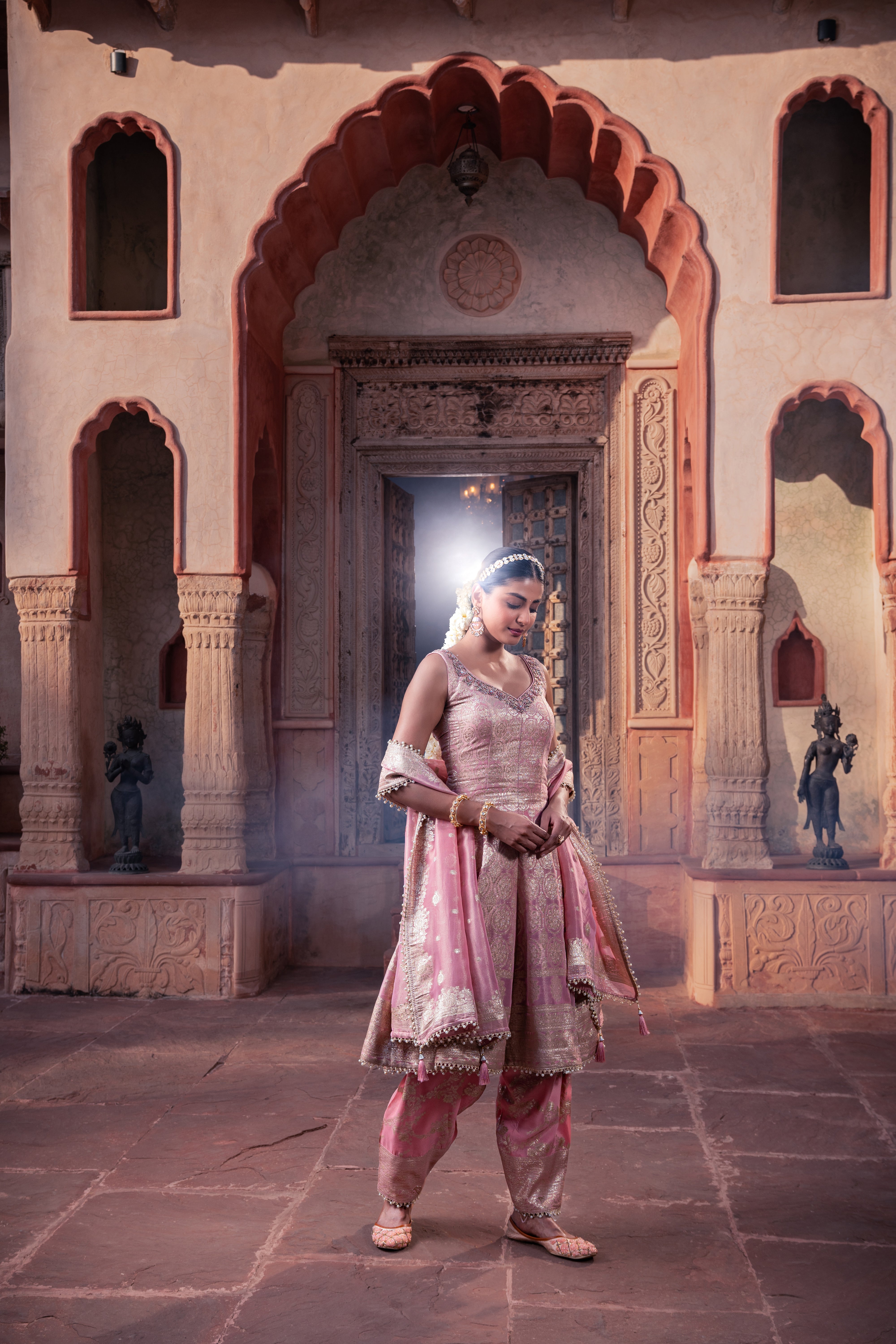 Pink Tissue Hand Embellished Kalidar Anarkali Set