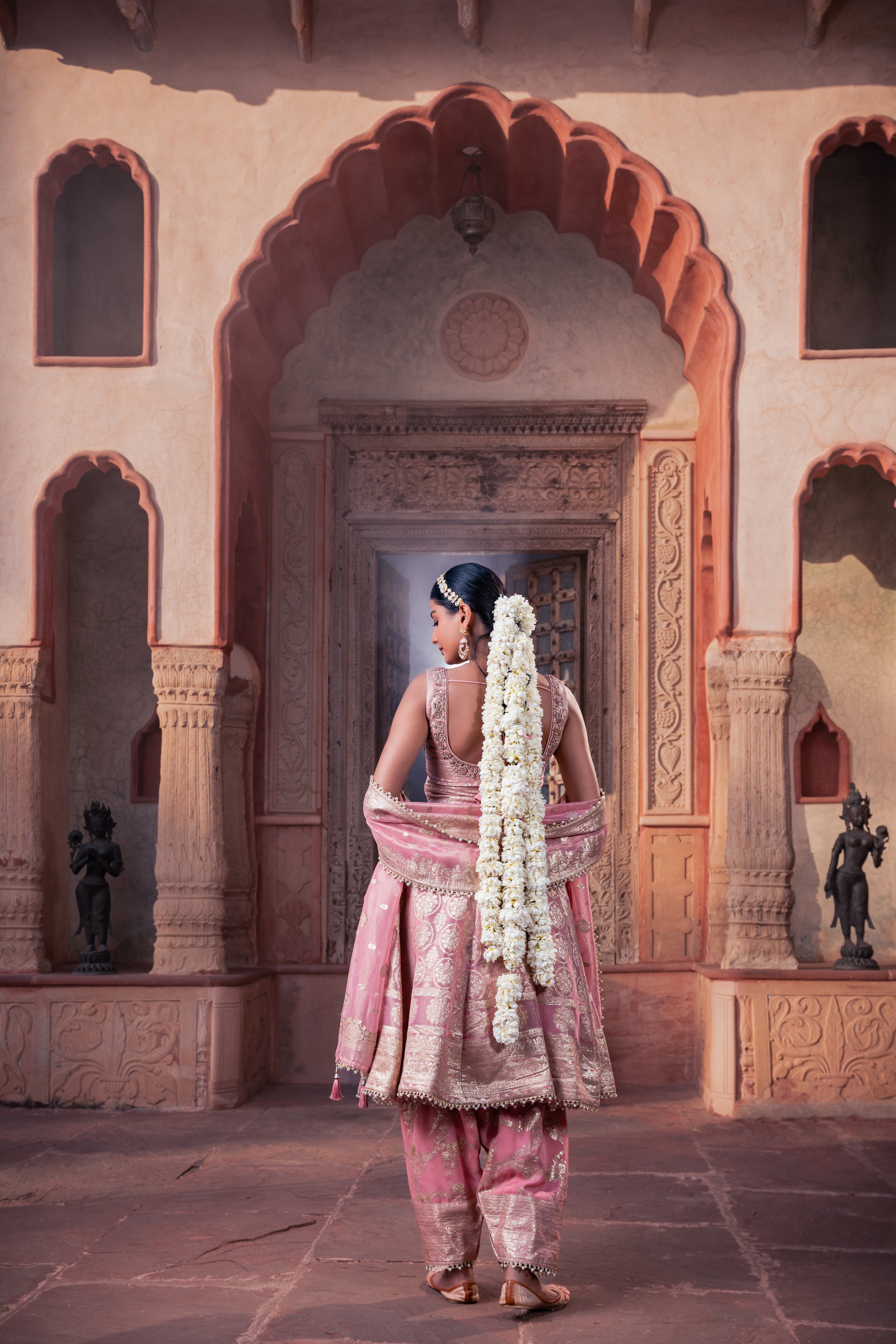 Pink Tissue Hand Embellished Kalidar Anarkali Set