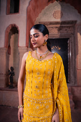 Mustard Viscose Georgette Sequins Embellished Sharara Set