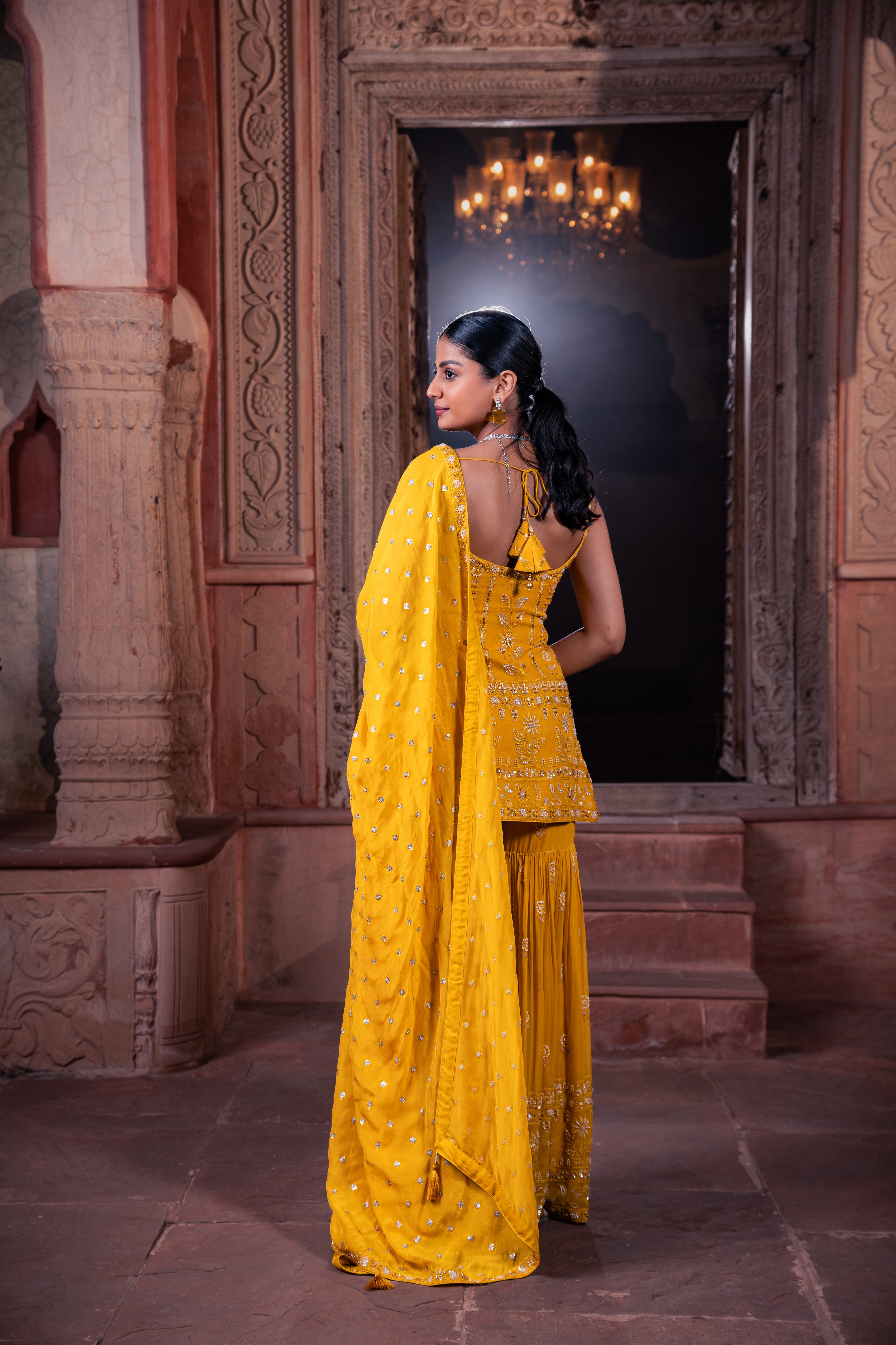 Mustard Viscose Georgette Sequins Embellished Sharara Set