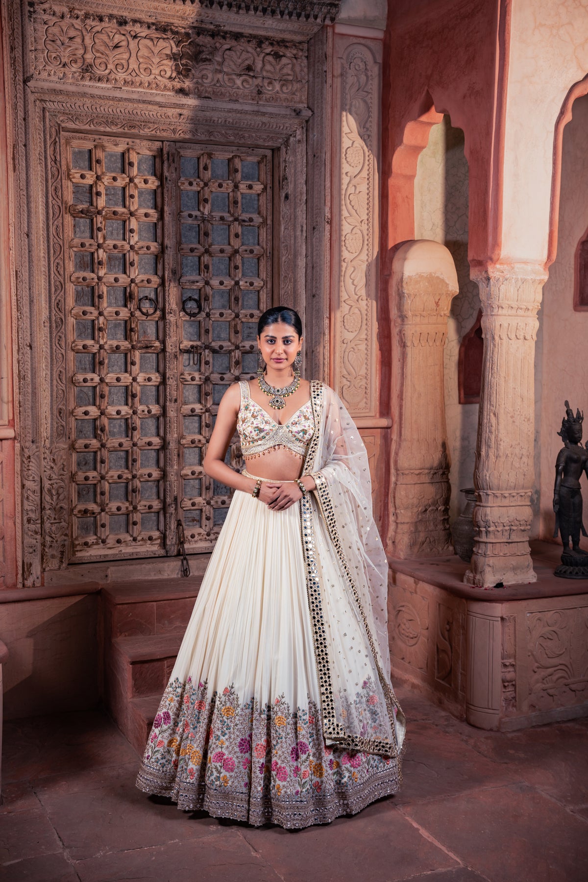 Beige Net & Viscose Georgette Resham Work Lehenga Set