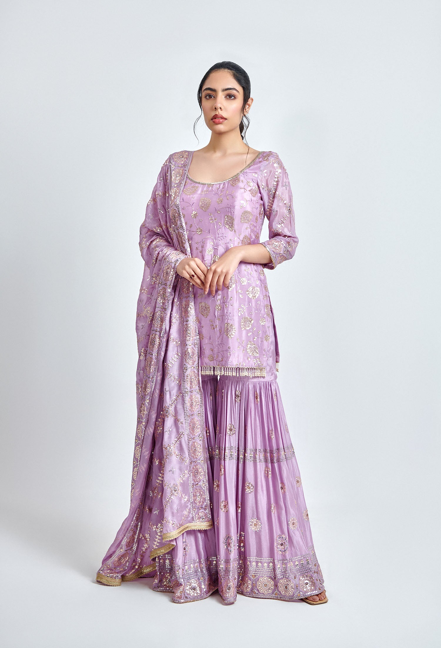 Purple and Gold Embroidered Sharara Set for Wedding & Festive Wear
