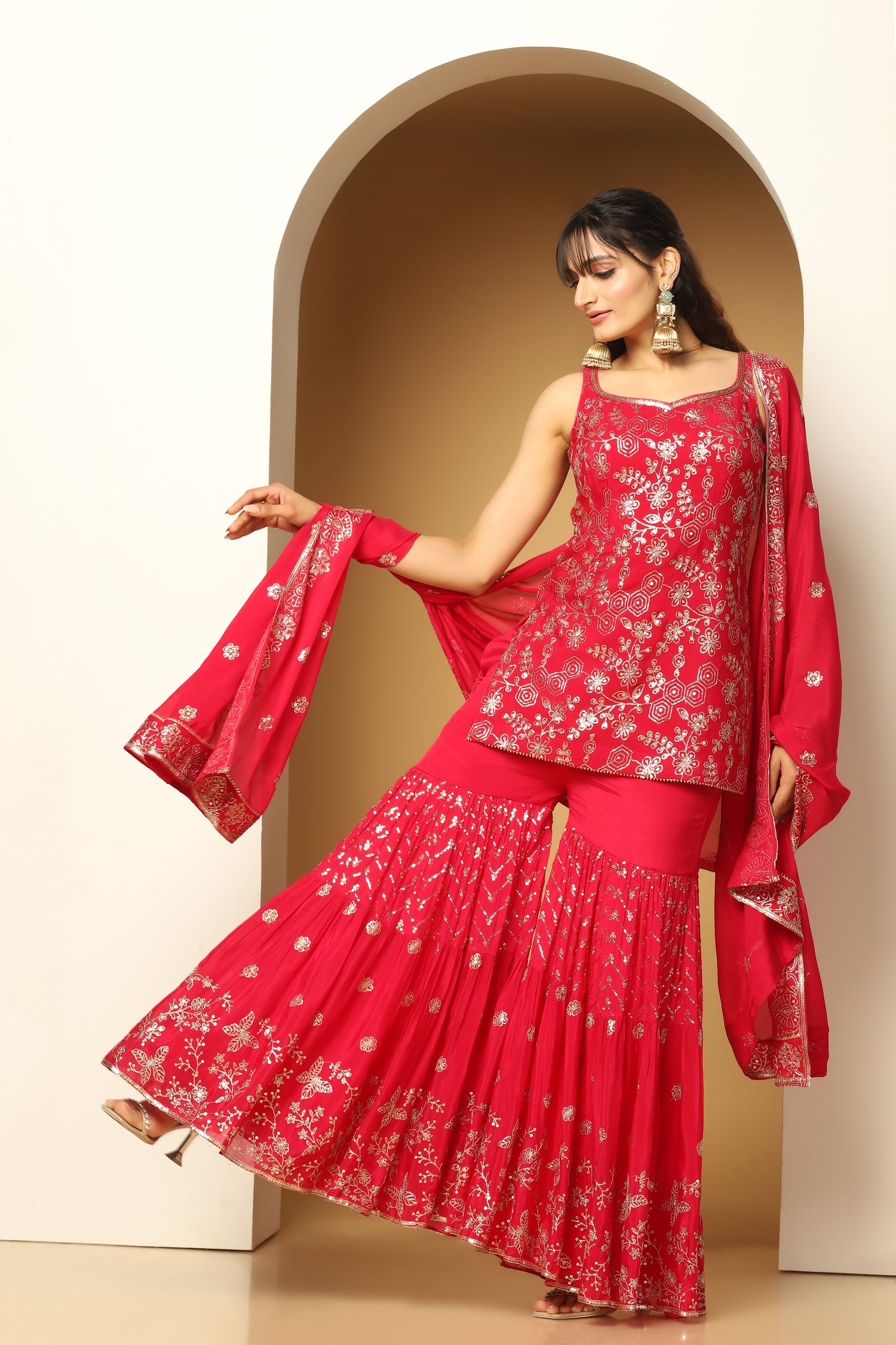 Chinon Embroidered Kurti with Sharara Set for Party