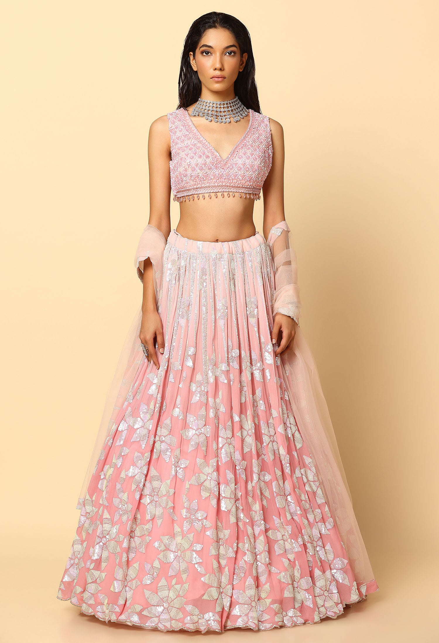 Rose Pink Ombre Lehenga with Tone to Tone Sequence Blouse