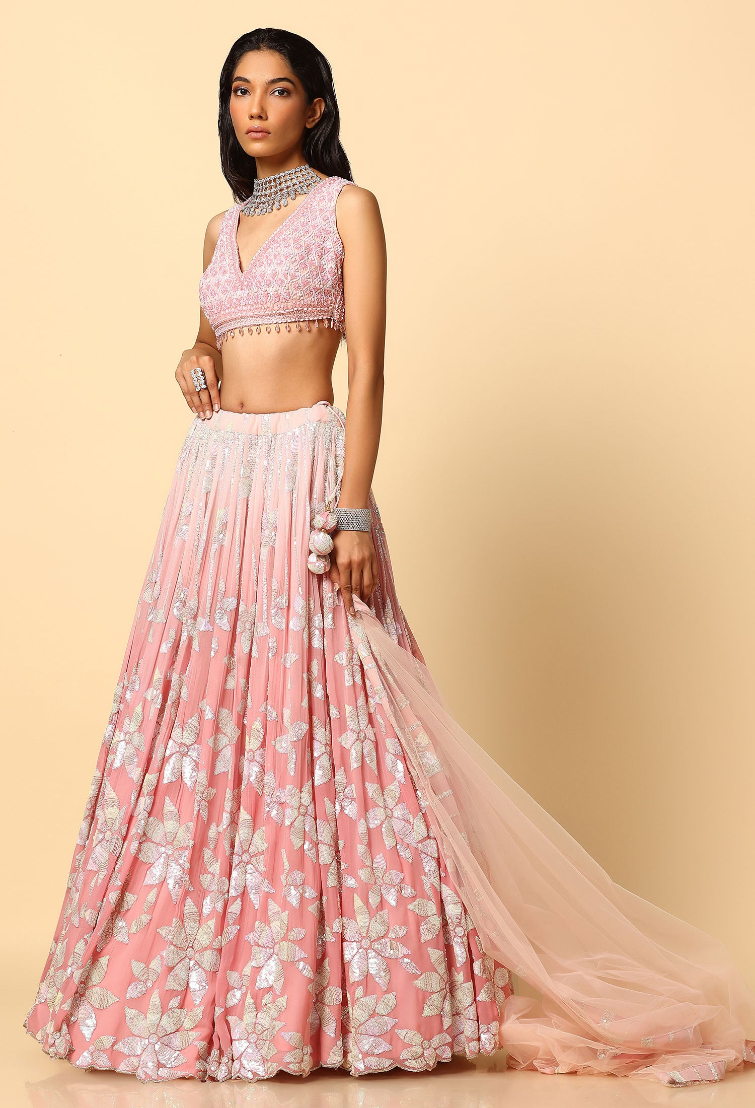 Rose Pink Ombre Lehenga with Tone to Tone Sequence Blouse