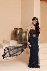 Midnight blue flower and geomatric combination net saree blouse