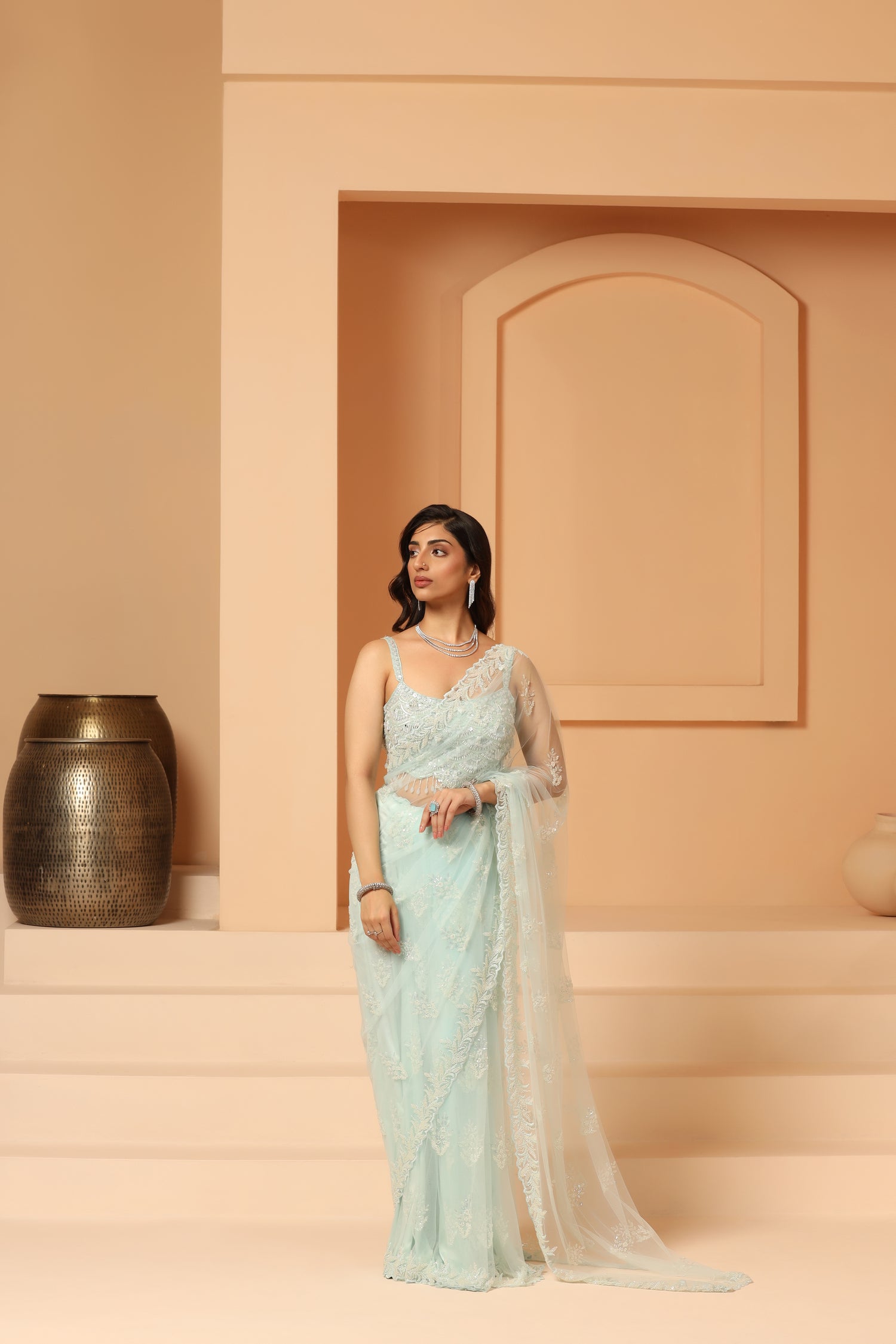 Sequin, beads, cutdana pearls hand crafted saree and blouse