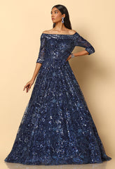 Navy Blue Embroidered Bardot Gown for Evening & Formal Wear