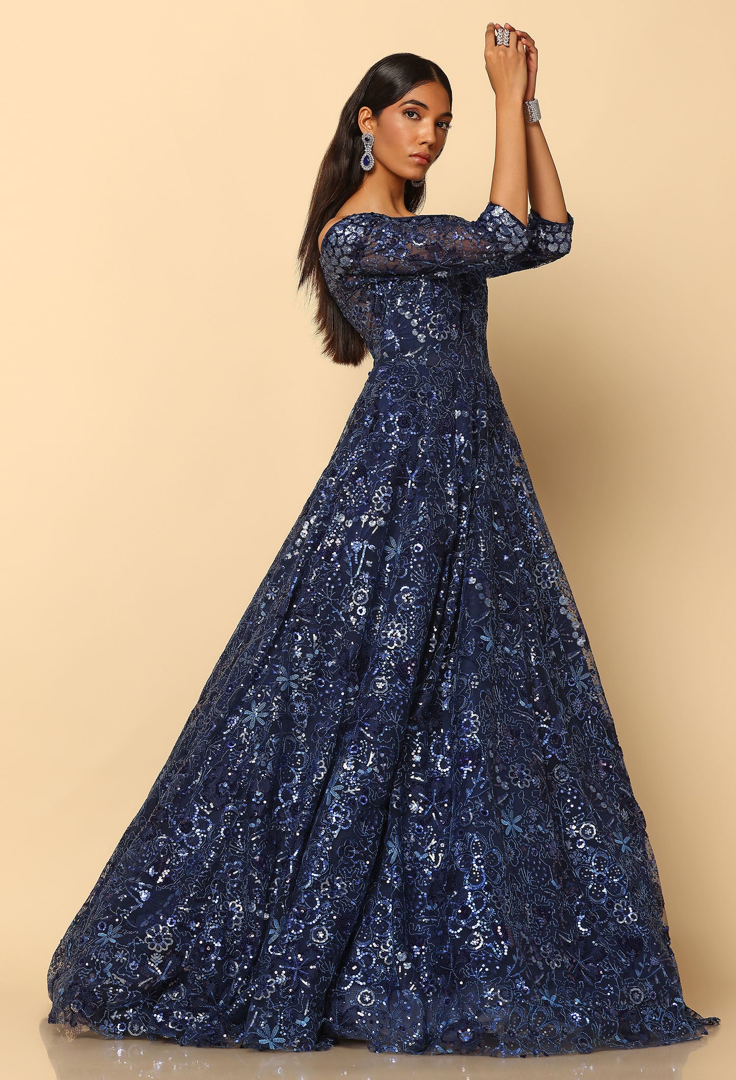 Navy Blue Embroidered Bardot Gown for Evening & Formal Wear