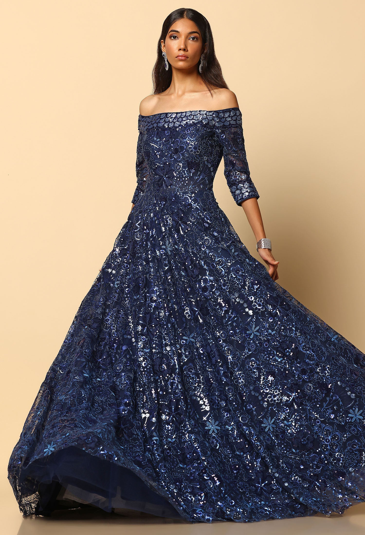 Navy Blue Embroidered Bardot Gown for Evening & Formal Wear