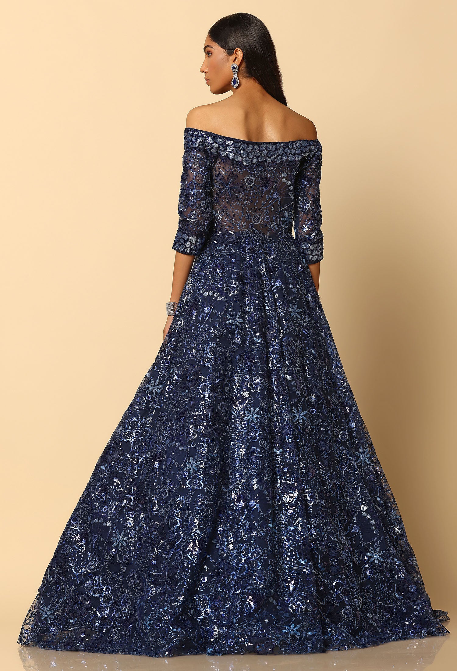 Navy Blue Embroidered Bardot Gown for Evening & Formal Wear