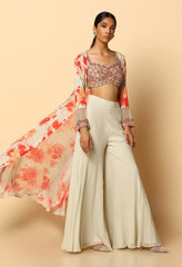 Printed Sharara & Cape Set with Contrasting Blouse – Ethnic Wear Online