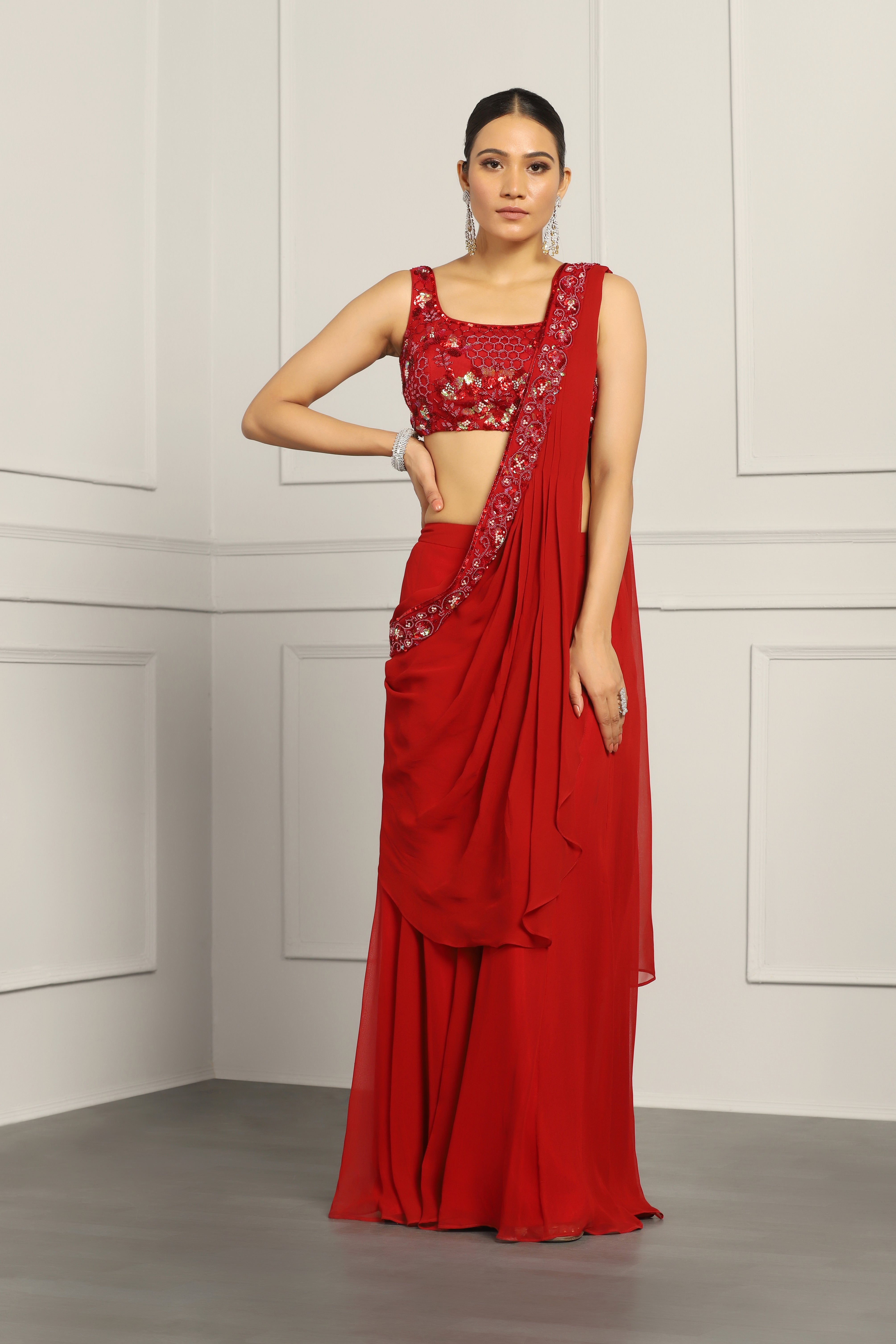 Designer Red Sequin Embroidered Sharara Saree for Weddings