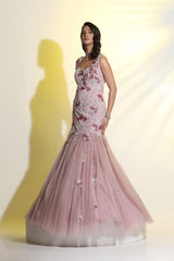 Peach 3D Embroidered Gown for Wedding, Reception & Party Wear