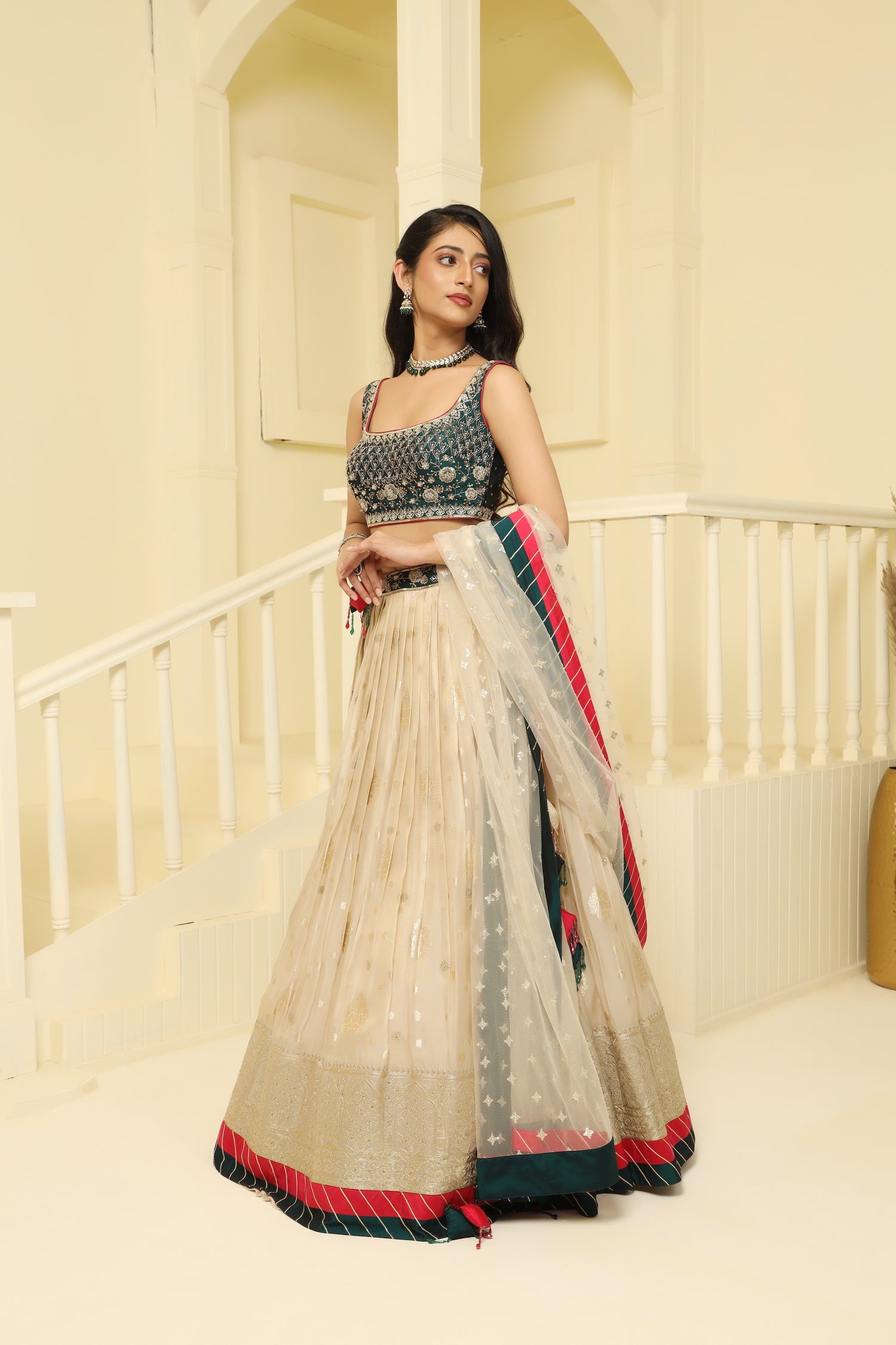 Gold and green embroided Tissue  lehenga
