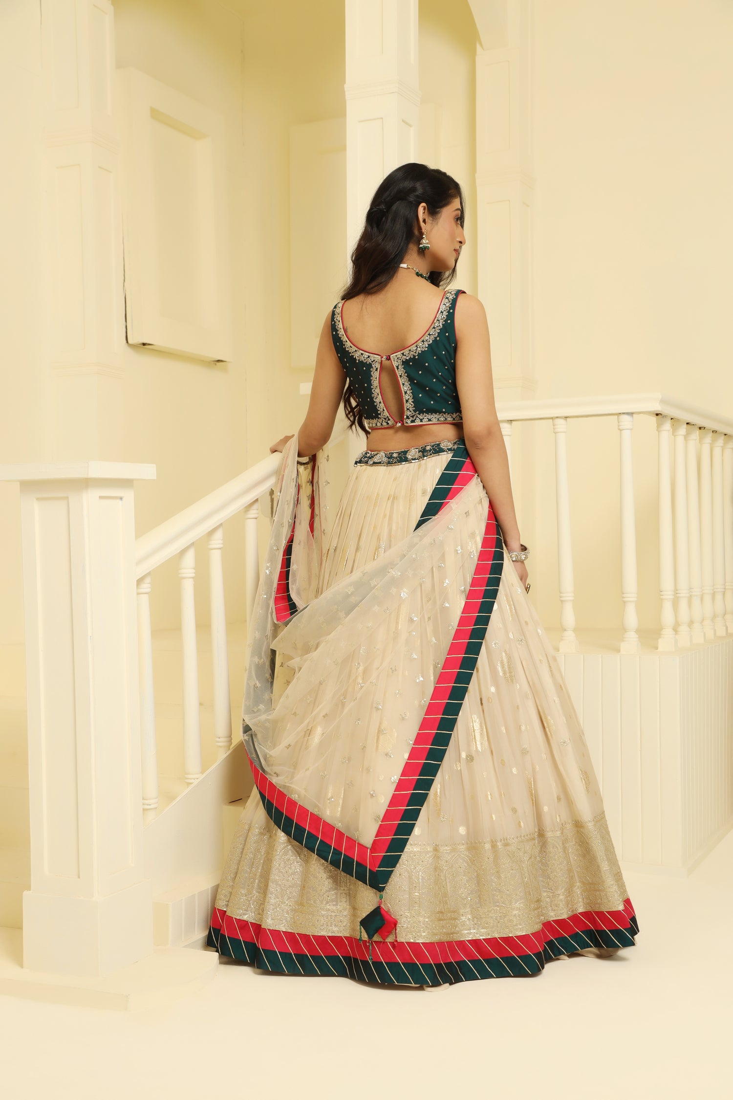 Gold and green embroided Tissue  lehenga