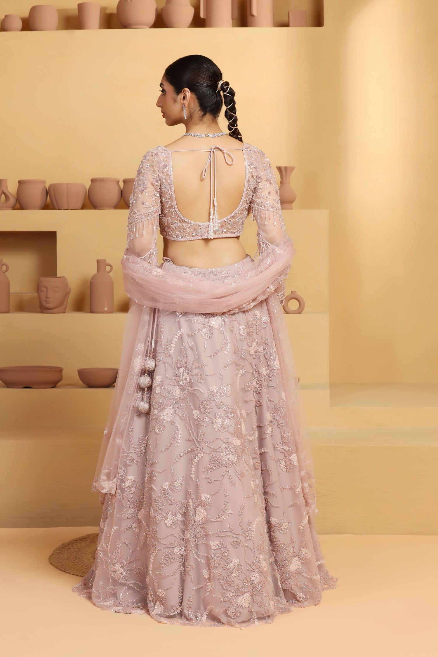 Beads and cutdana Abstract flower Jaal Lehenga themed full slevves choli