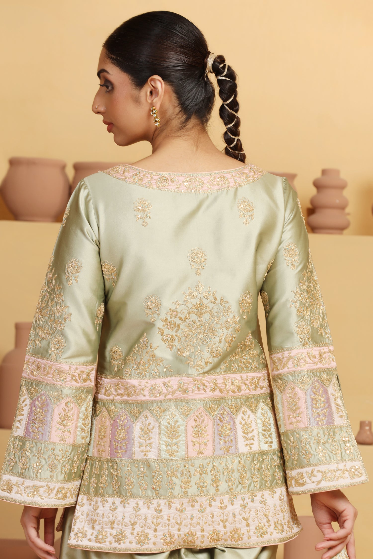 Color Patch & Dori Sequin Suit Set with Net Dupatta – Festive Look