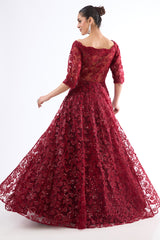 Maroon Net Sequins & Thread Work Off-Shoulder Gown