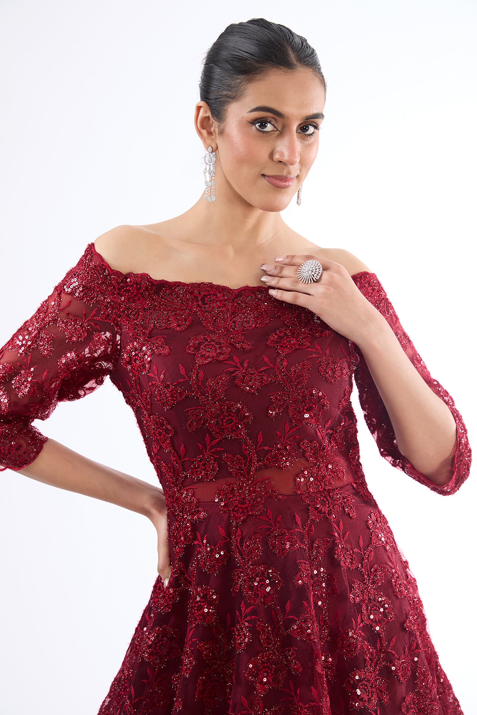 Maroon Net Sequins & Thread Work Off-Shoulder Gown