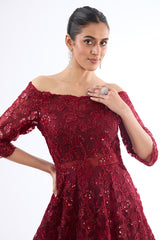 Maroon Net Sequins & Thread Work Off-Shoulder Gown