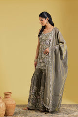 Mouse-Colored Tissue Embroidered Gharara Set