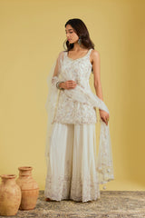Ivory Net & Georgette Embroidered Sharara Set