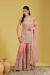 Peach Tissue Embroidered Gharara Set