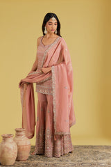 Peach Tissue Embroidered Gharara Set