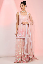 Peachy Pink Ombre Georgette Sequins Embroidered Sharara Set