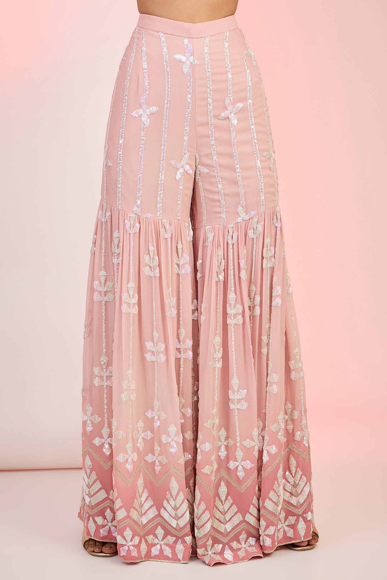 Designer Peach Pink Ombre Sharara Set with Sequins Embroidery